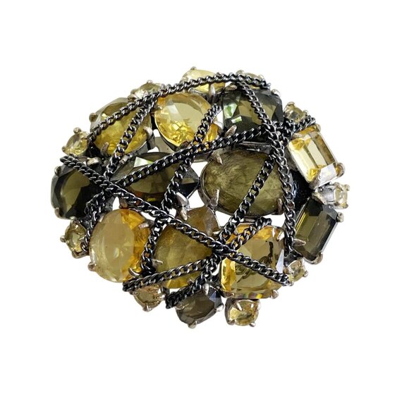 Stella & Dot After the Rain Brooch or Pendant Gilded Chain Overlay Yellow Glass - Picture 1 of 7